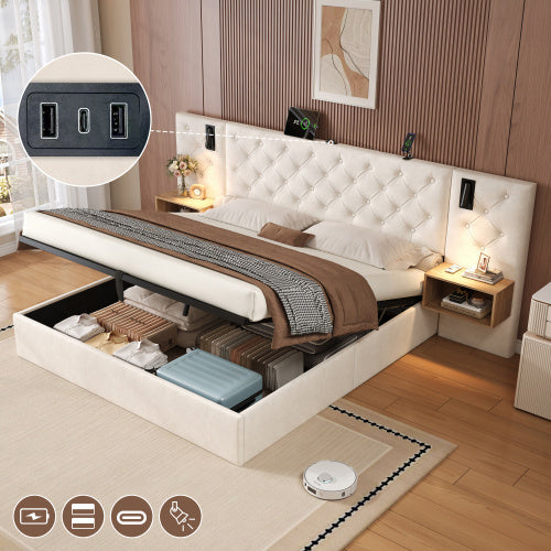 King Upholstered Velvet Hydraulic Storage Bed With Reading Light