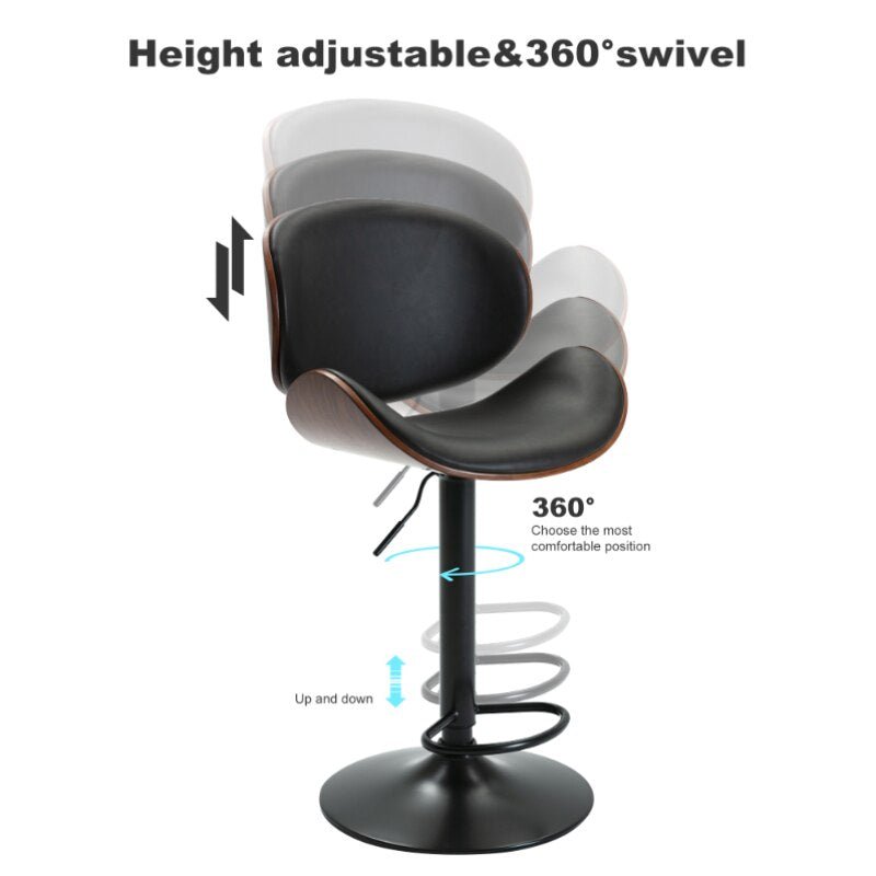 2pcs Height - Adjustable Walnut Bentwood Bar Stools with PU Leather Cushion - Casatrail.com