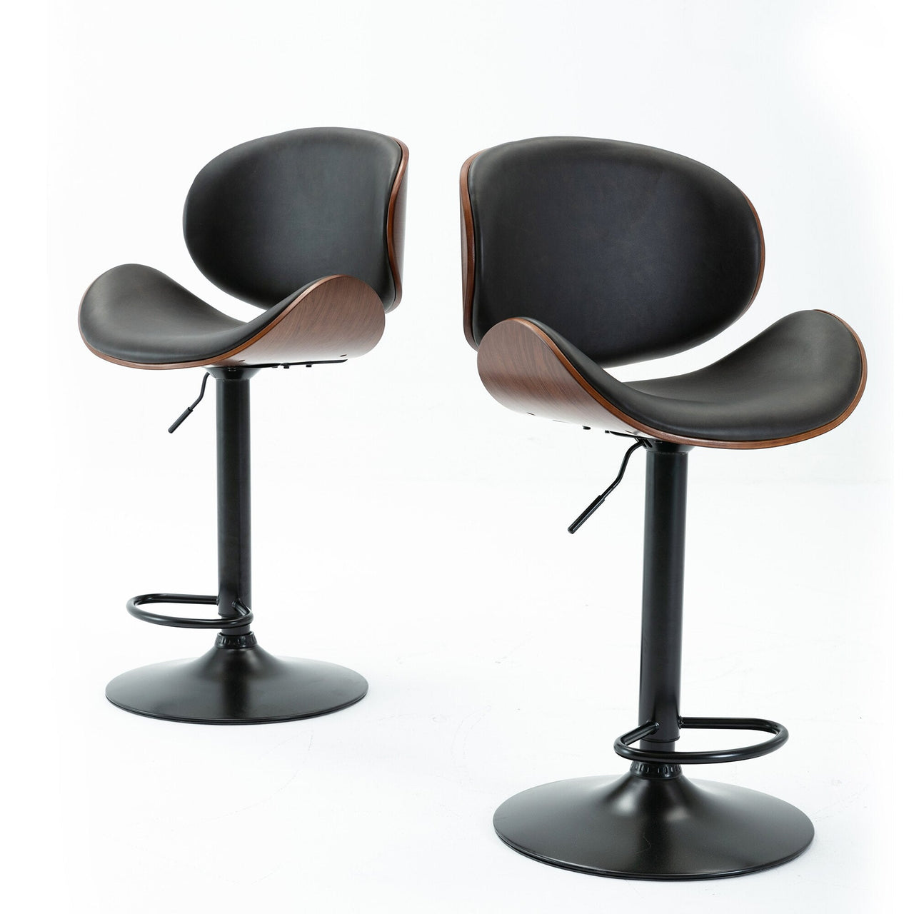 2pcs Height - Adjustable Walnut Bentwood Bar Stools with PU Leather Cushion - Casatrail.com