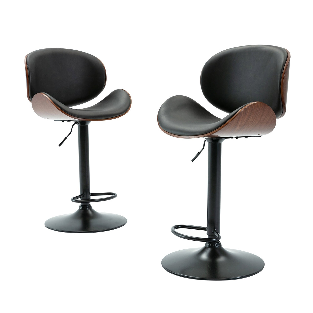 2pcs Height - Adjustable Walnut Bentwood Bar Stools with PU Leather Cushion - Casatrail.com