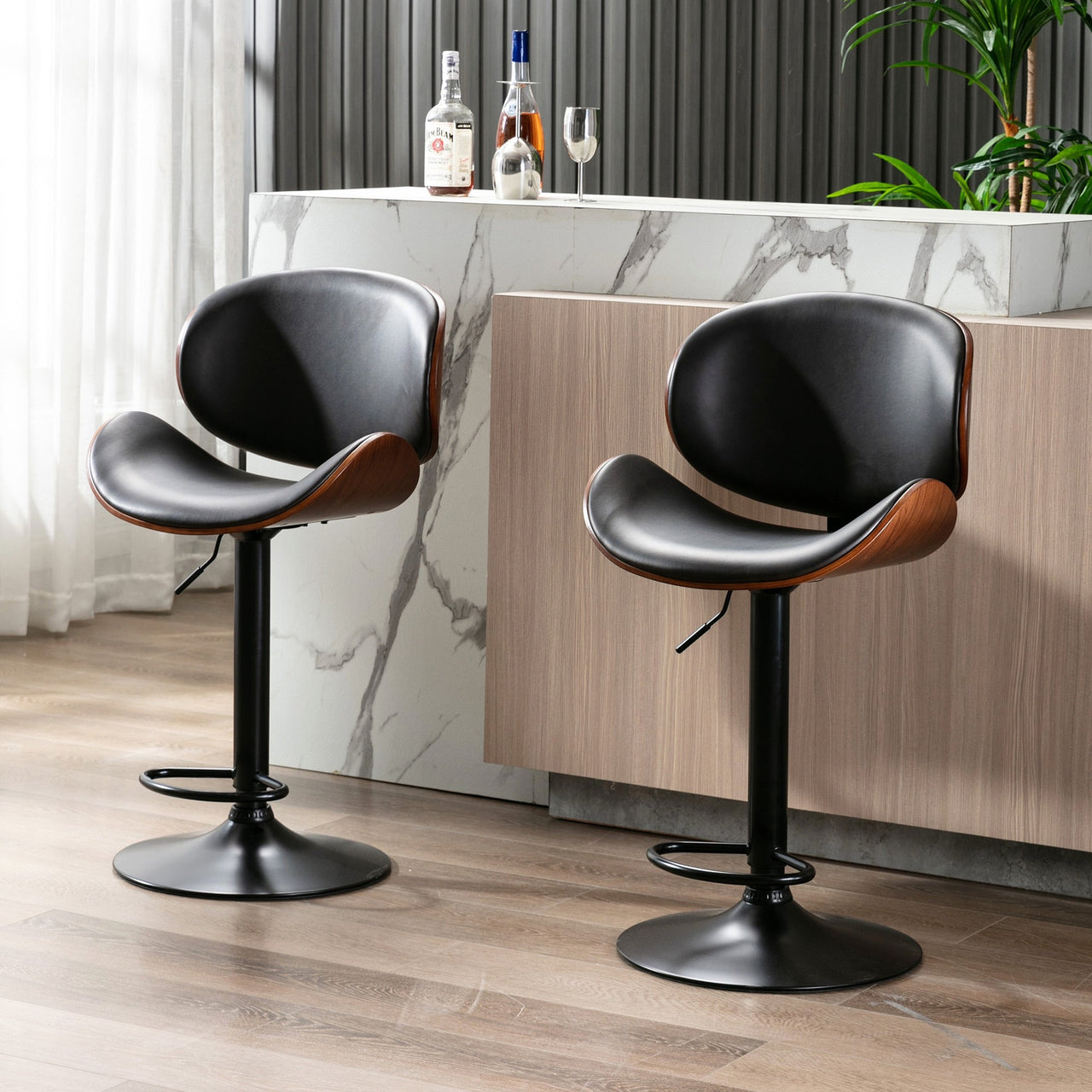 2pcs Height - Adjustable Walnut Bentwood Bar Stools with PU Leather Cushion - Casatrail.com