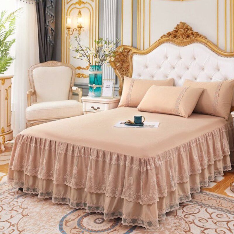 3 Layers Bed Skirt - Lace Ruffled Couvre Lit Bedroom Cover - Non - slip Mattress Cover Bedsheet Bedspread - Casatrail.com