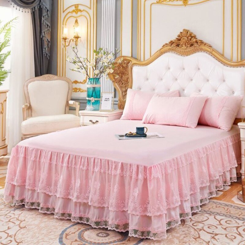 3 Layers Bed Skirt - Lace Ruffled Couvre Lit Bedroom Cover - Non - slip Mattress Cover Bedsheet Bedspread - Casatrail.com