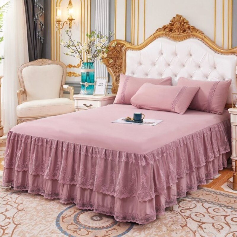 3 Layers Bed Skirt - Lace Ruffled Couvre Lit Bedroom Cover - Non - slip Mattress Cover Bedsheet Bedspread - Casatrail.com