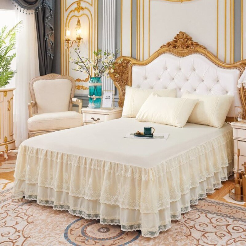 3 Layers Bed Skirt - Lace Ruffled Couvre Lit Bedroom Cover - Non - slip Mattress Cover Bedsheet Bedspread - Casatrail.com