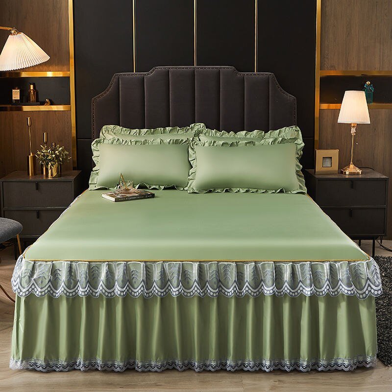 3 Pcs Smooth Elegant Bed Spread Solid Colour Bed Skirt Polyester Cotton King Queen Size with Pillowcases - Casatrail.com