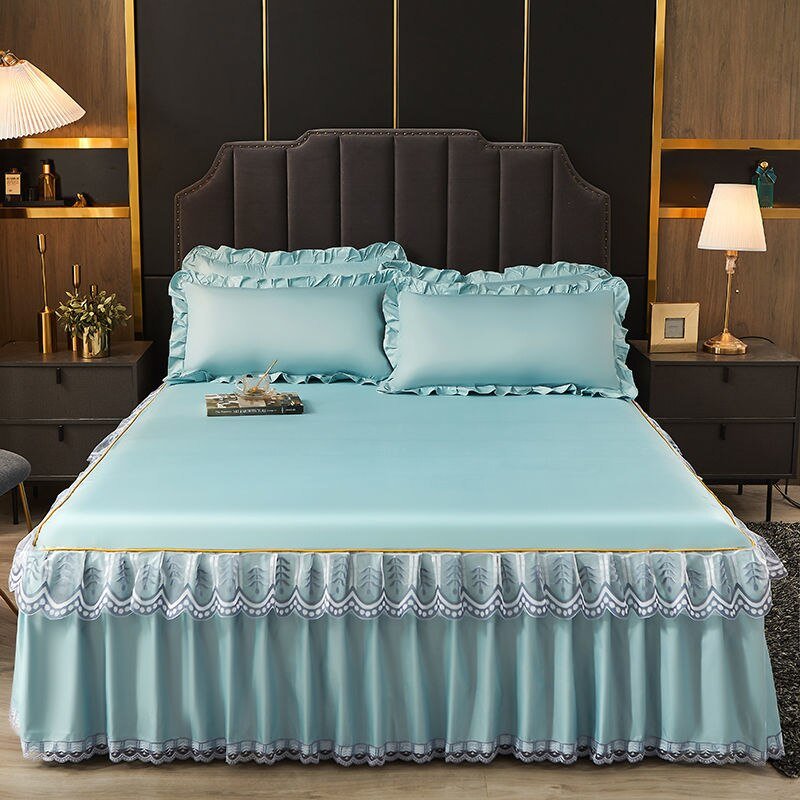 3 Pcs Smooth Elegant Bed Spread Solid Colour Bed Skirt Polyester Cotton King Queen Size with Pillowcases - Casatrail.com