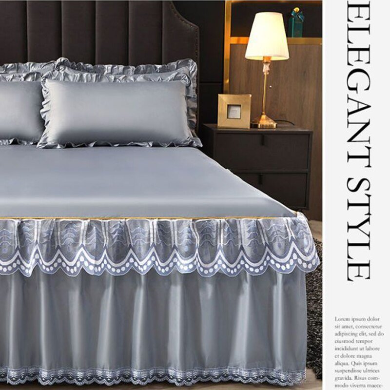 3 Pcs Smooth Elegant Bed Spread Solid Colour Bed Skirt Polyester Cotton King Queen Size with Pillowcases - Casatrail.com