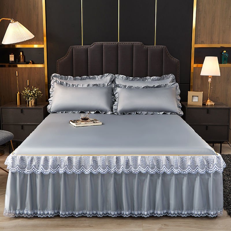 3 Pcs Smooth Elegant Bed Spread Solid Colour Bed Skirt Polyester Cotton King Queen Size with Pillowcases - Casatrail.com