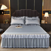 Thumbnail for 3 Pcs Smooth Elegant Bed Spread Solid Colour Bed Skirt Polyester Cotton King Queen Size with Pillowcases - Casatrail.com