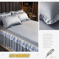 Thumbnail for 3 Pcs Smooth Elegant Bed Spread Solid Colour Bed Skirt Polyester Cotton King Queen Size with Pillowcases - Casatrail.com