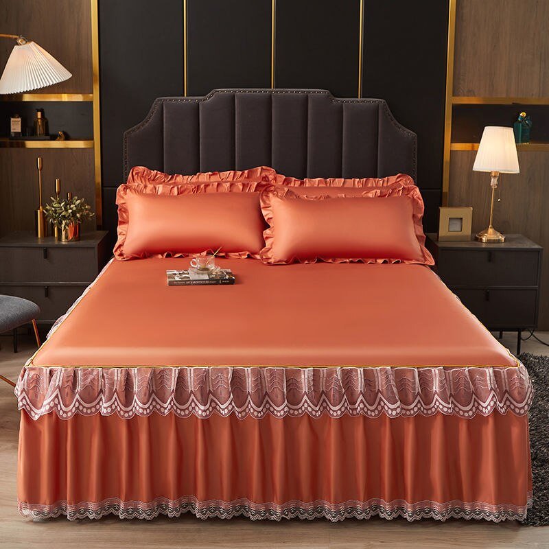 3 Pcs Smooth Elegant Bed Spread Solid Colour Bed Skirt Polyester Cotton King Queen Size with Pillowcases - Casatrail.com