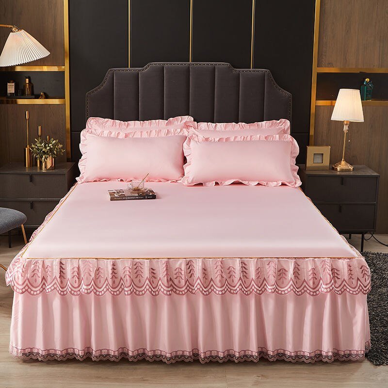 3 Pcs Smooth Elegant Bed Spread Solid Colour Bed Skirt Polyester Cotton King Queen Size with Pillowcases - Casatrail.com