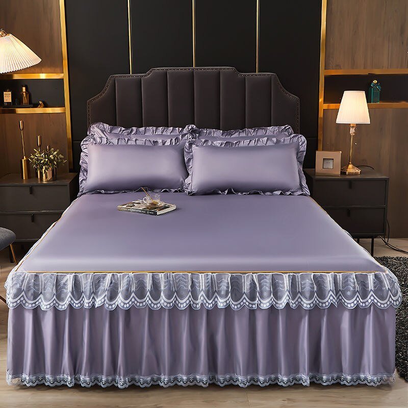 3 Pcs Smooth Elegant Bed Spread Solid Colour Bed Skirt Polyester Cotton King Queen Size with Pillowcases - Casatrail.com