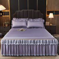 Thumbnail for 3 Pcs Smooth Elegant Bed Spread Solid Colour Bed Skirt Polyester Cotton King Queen Size with Pillowcases - Casatrail.com