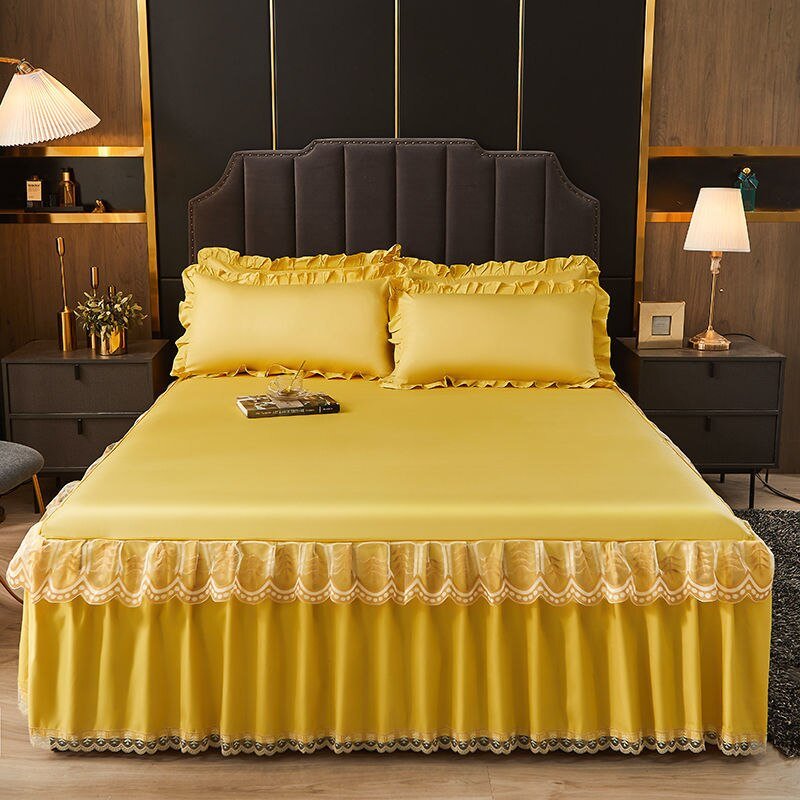 3 Pcs Smooth Elegant Bed Spread Solid Colour Bed Skirt Polyester Cotton King Queen Size with Pillowcases - Casatrail.com