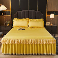 Thumbnail for 3 Pcs Smooth Elegant Bed Spread Solid Colour Bed Skirt Polyester Cotton King Queen Size with Pillowcases - Casatrail.com