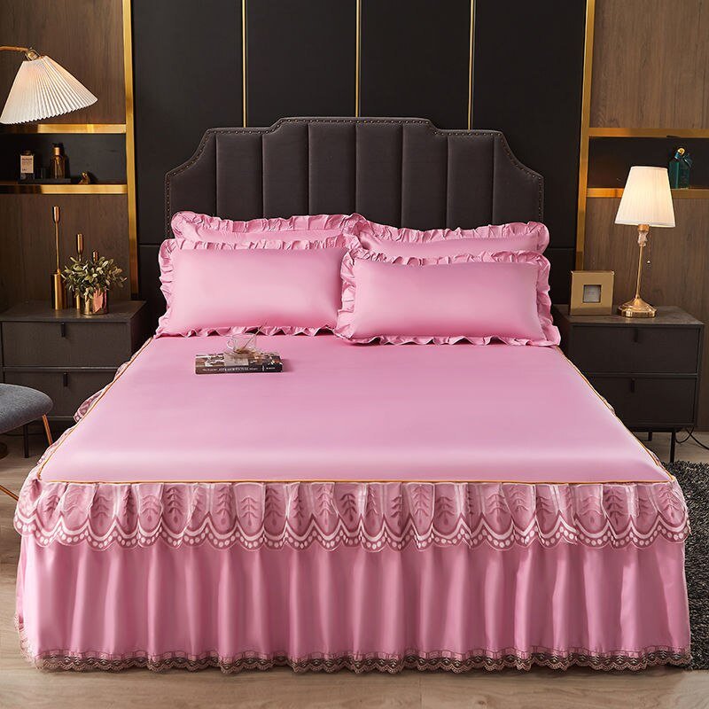 3 Pcs Smooth Elegant Bed Spread Solid Colour Bed Skirt Polyester Cotton King Queen Size with Pillowcases - Casatrail.com