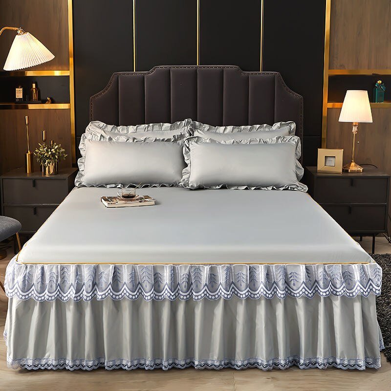 3 Pcs Smooth Elegant Bed Spread Solid Colour Bed Skirt Polyester Cotton King Queen Size with Pillowcases - Casatrail.com