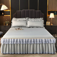 Thumbnail for 3 Pcs Smooth Elegant Bed Spread Solid Colour Bed Skirt Polyester Cotton King Queen Size with Pillowcases - Casatrail.com