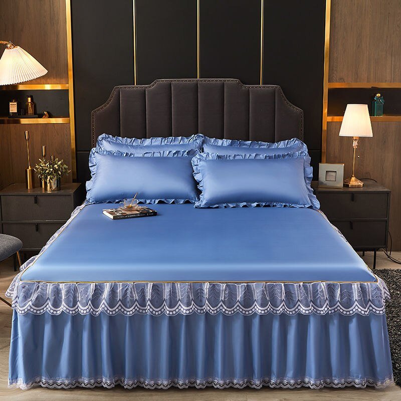 3 Pcs Smooth Elegant Bed Spread Solid Colour Bed Skirt Polyester Cotton King Queen Size with Pillowcases - Casatrail.com