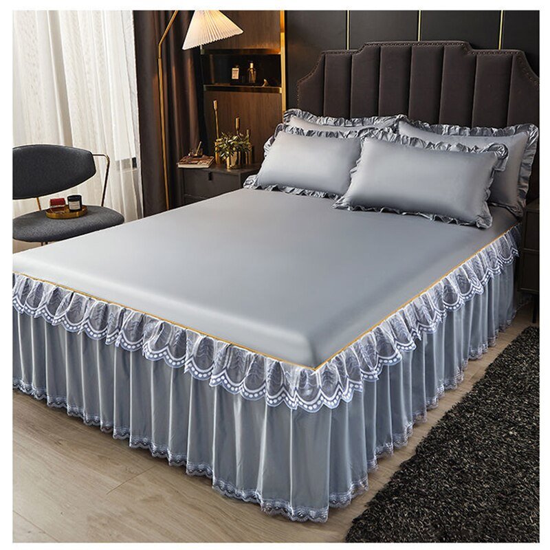 3 Pcs Smooth Elegant Bed Spread Solid Colour Bed Skirt Polyester Cotton King Queen Size with Pillowcases - Casatrail.com