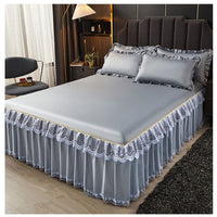 Thumbnail for 3 Pcs Smooth Elegant Bed Spread Solid Colour Bed Skirt Polyester Cotton King Queen Size with Pillowcases - Casatrail.com