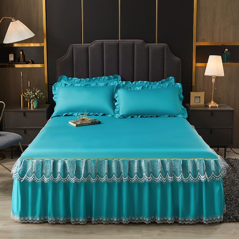 3 Pcs Smooth Elegant Bed Spread Solid Colour Bed Skirt Polyester Cotton King Queen Size with Pillowcases - Casatrail.com