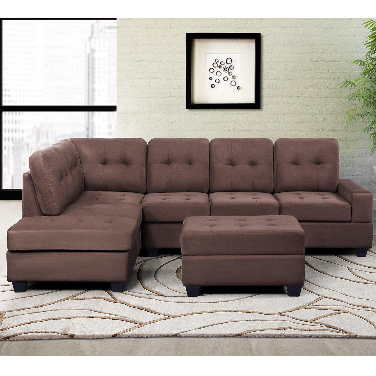 3 - Piece Microfiber Sectional Sofa with Reversible Chaise Lounge, Storage Ottoman, and Cup Holders - Casatrail.com