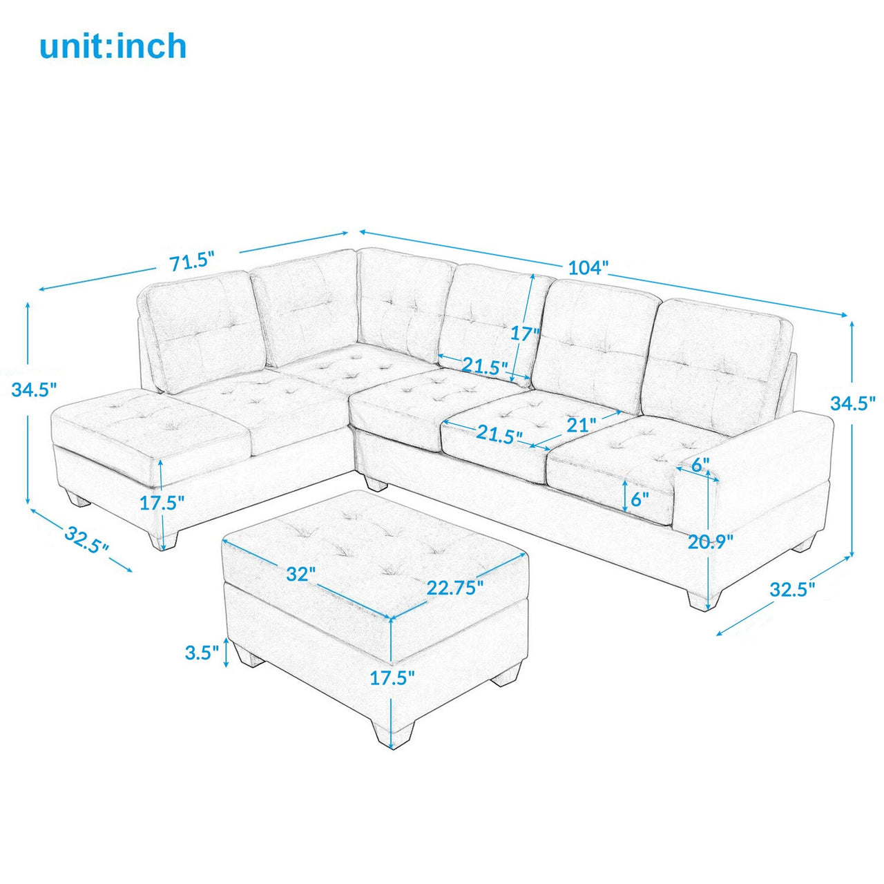 3 - Piece Microfiber Sectional Sofa with Reversible Chaise Lounge, Storage Ottoman, and Cup Holders - Casatrail.com