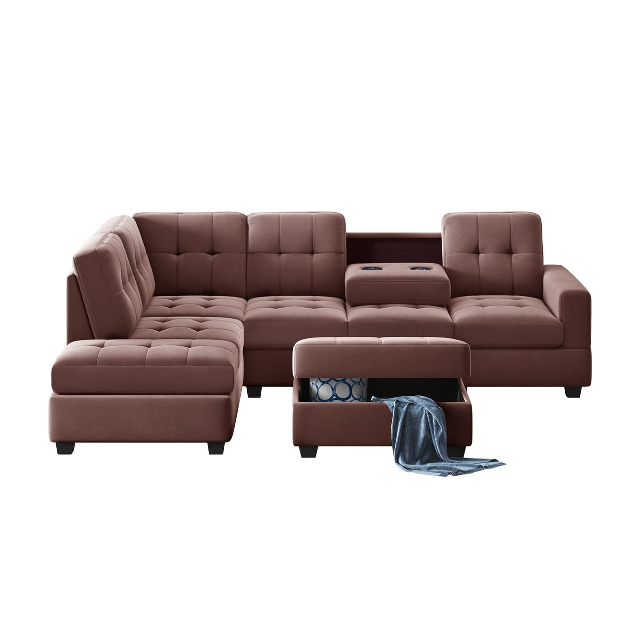 3 - Piece Microfiber Sectional Sofa with Reversible Chaise Lounge, Storage Ottoman, and Cup Holders - Casatrail.com