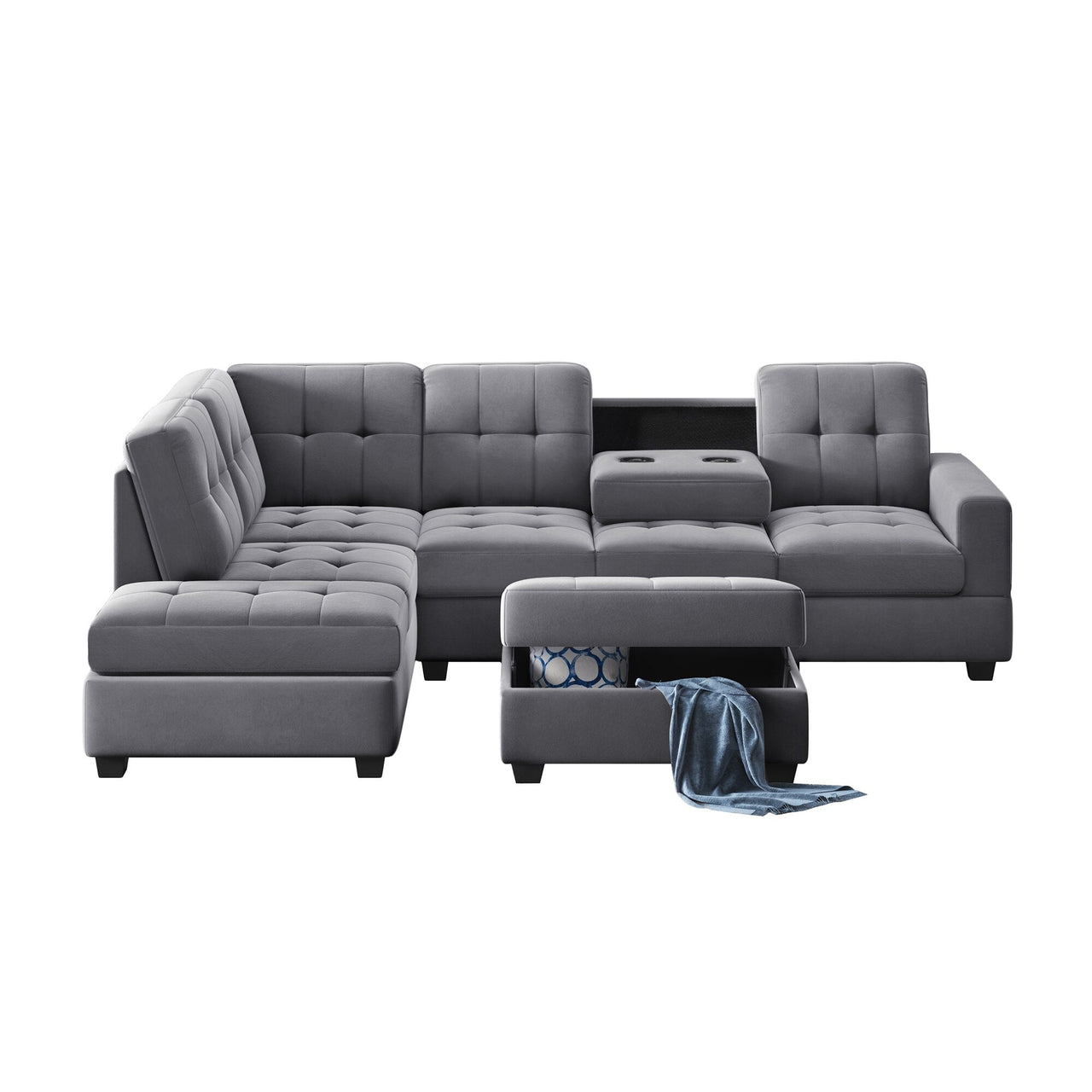 3 - Piece Microfiber Sectional Sofa with Reversible Chaise Lounge, Storage Ottoman, and Cup Holders - Casatrail.com