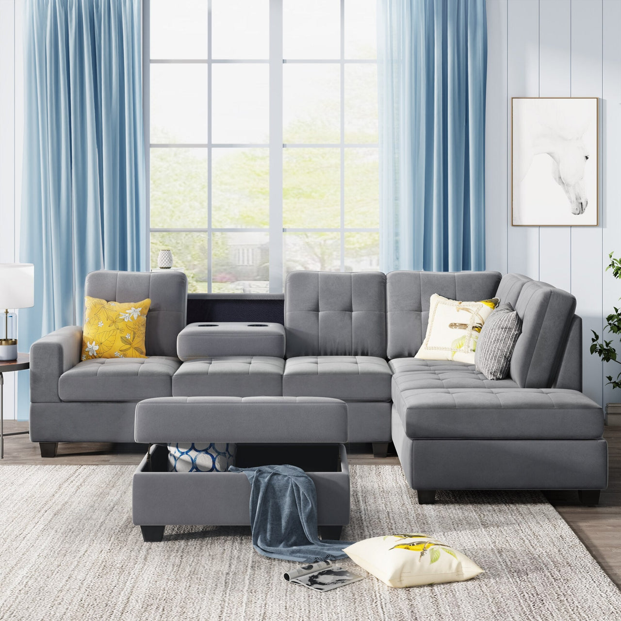 3 - Piece Microfiber Sectional Sofa with Reversible Chaise Lounge, Storage Ottoman, and Cup Holders - Casatrail.com