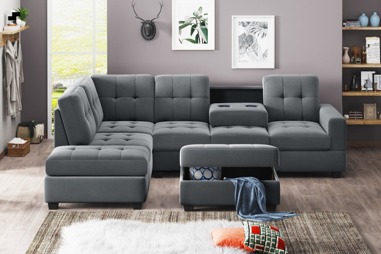 3 - Piece Microfiber Sectional Sofa with Reversible Chaise Lounge, Storage Ottoman, and Cup Holders - Casatrail.com