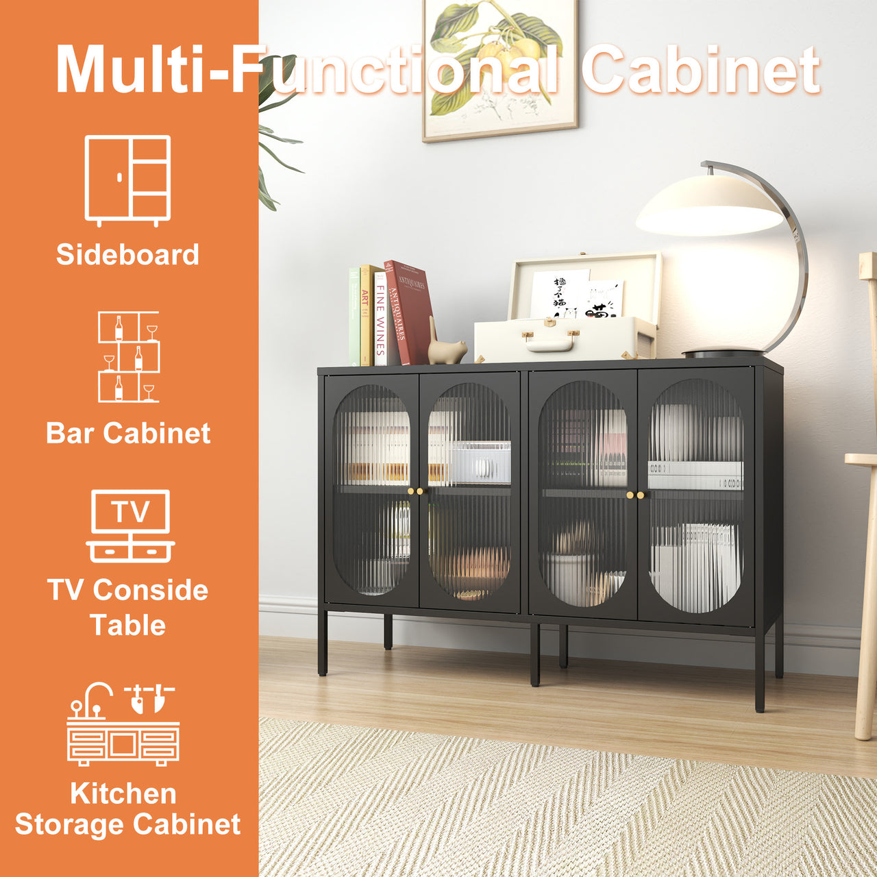 Metal Sideboard Cabinet With 4 Glass Door