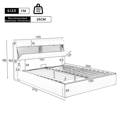 Fashion Upholstered King Hydraulic Bed with Concealed Headboard Storage,  Bed Box With Slats And Headboard,  Without Mattress