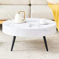 White Marble-Patterned MDF Round Coffee Table With Black Metal Legs