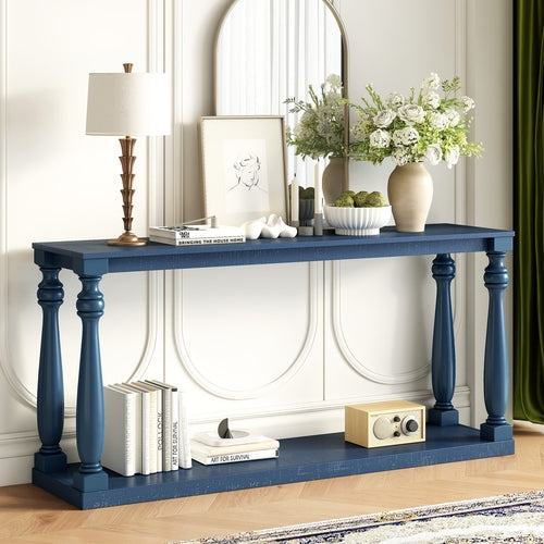 Vintage Wood Grain Console Table with Bottom Shelf and Four Vase Legs