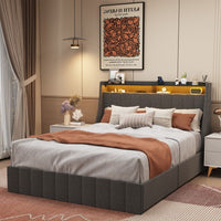 Thumbnail for Queen Size Bed Frame With LED, 4 Under-bed Portable Storage Drawers & Wings Headboard Design