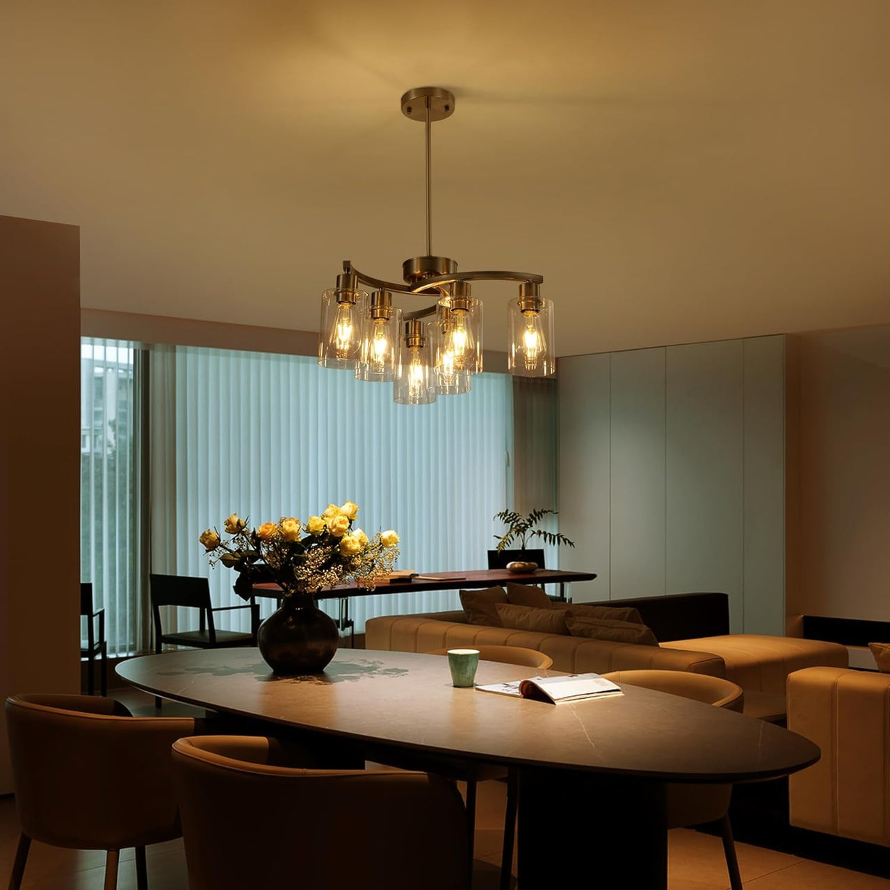 6-Light Brushed Nickel Industrial Glass Chandelier