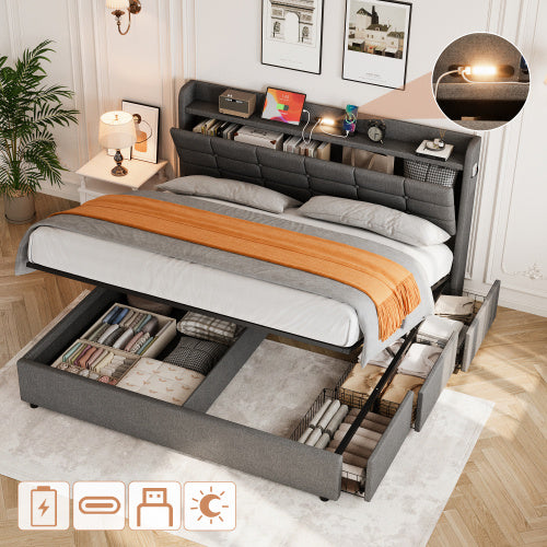 5ft King Bed Frame With Hydraulic Storage & Headboard, Storage And Drawers