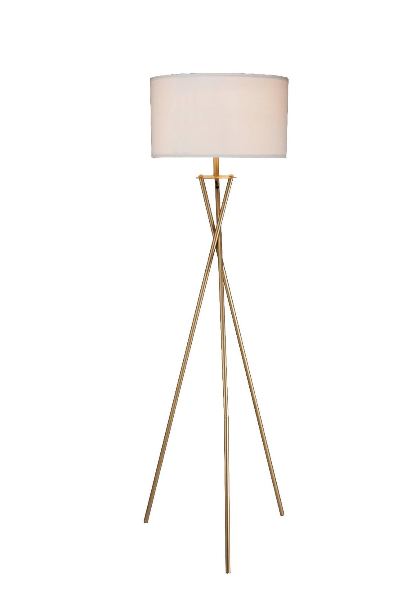 Gold And White Tripod Floor Lamp With White Fabric Drum Shade