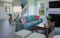 Thumbnail for Gold And White Tripod Floor Lamp With White Fabric Drum Shade
