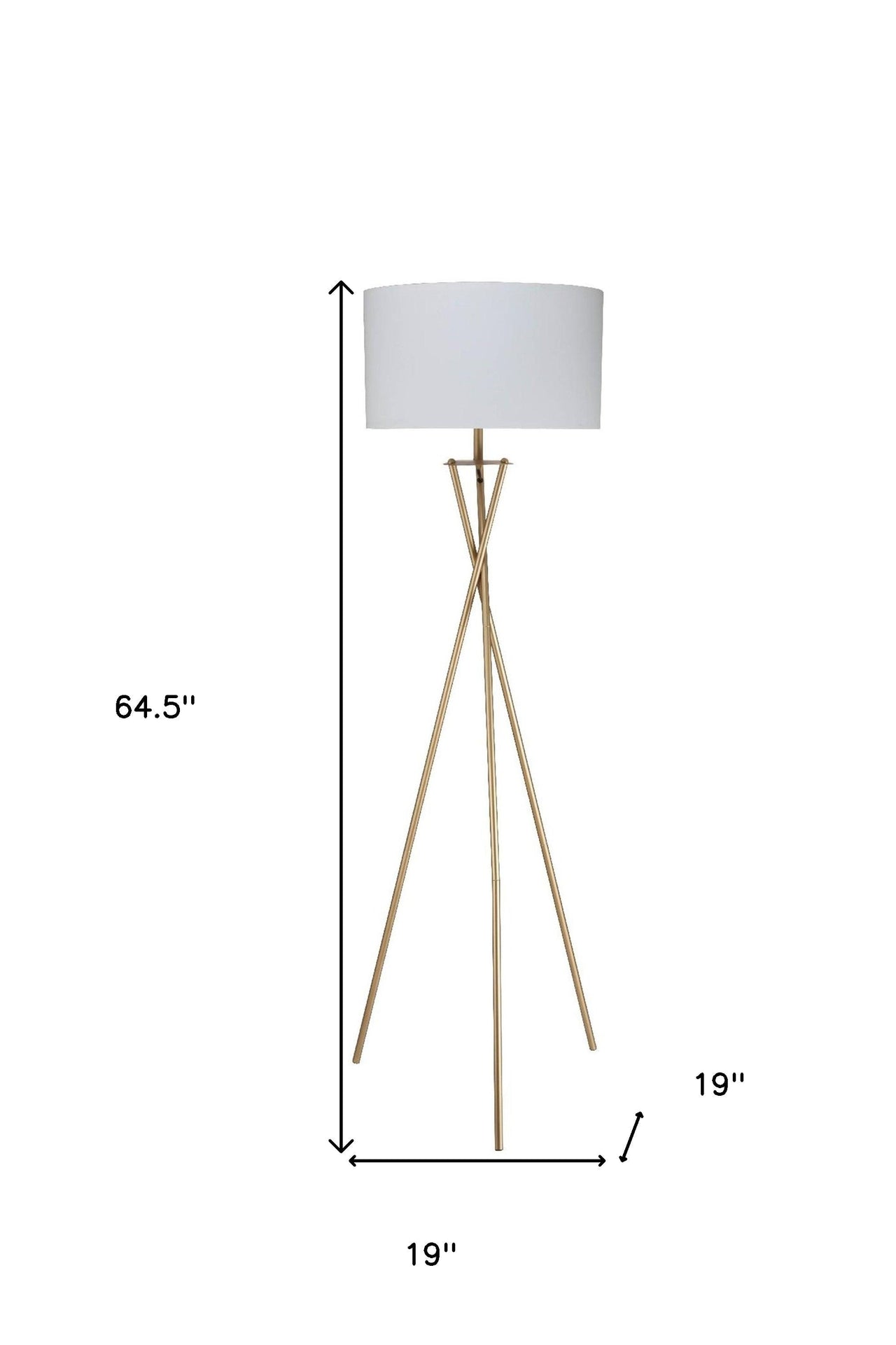 Gold And White Tripod Floor Lamp With White Fabric Drum Shade