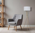 Gold And White Tripod Floor Lamp With White Fabric Drum Shade