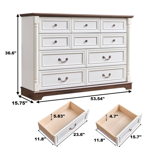 10 Drawer Dresser Chest For Bedroom With Wooden Base And Riser Trim