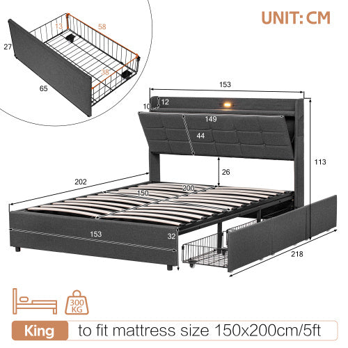 5ft King Bed Frame With Hydraulic Storage & Headboard, Storage And Drawers