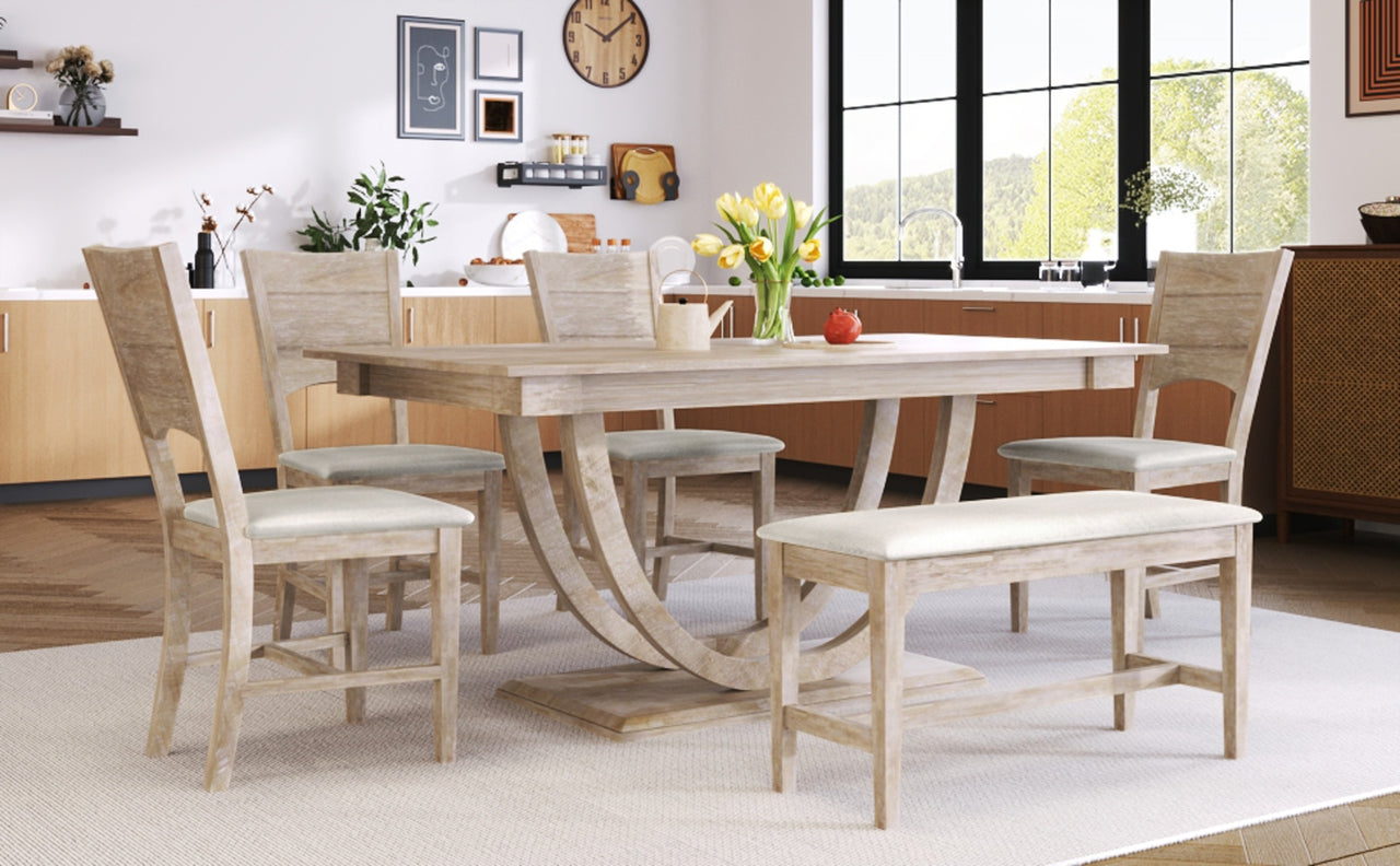 6-Piece Wood Half Round Dining Table Set With Long Bench & 4 Chairs
