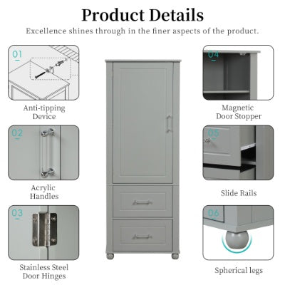 Tall Freestanding Storage Cabinet With Two Drawers And Adjustable Shelf