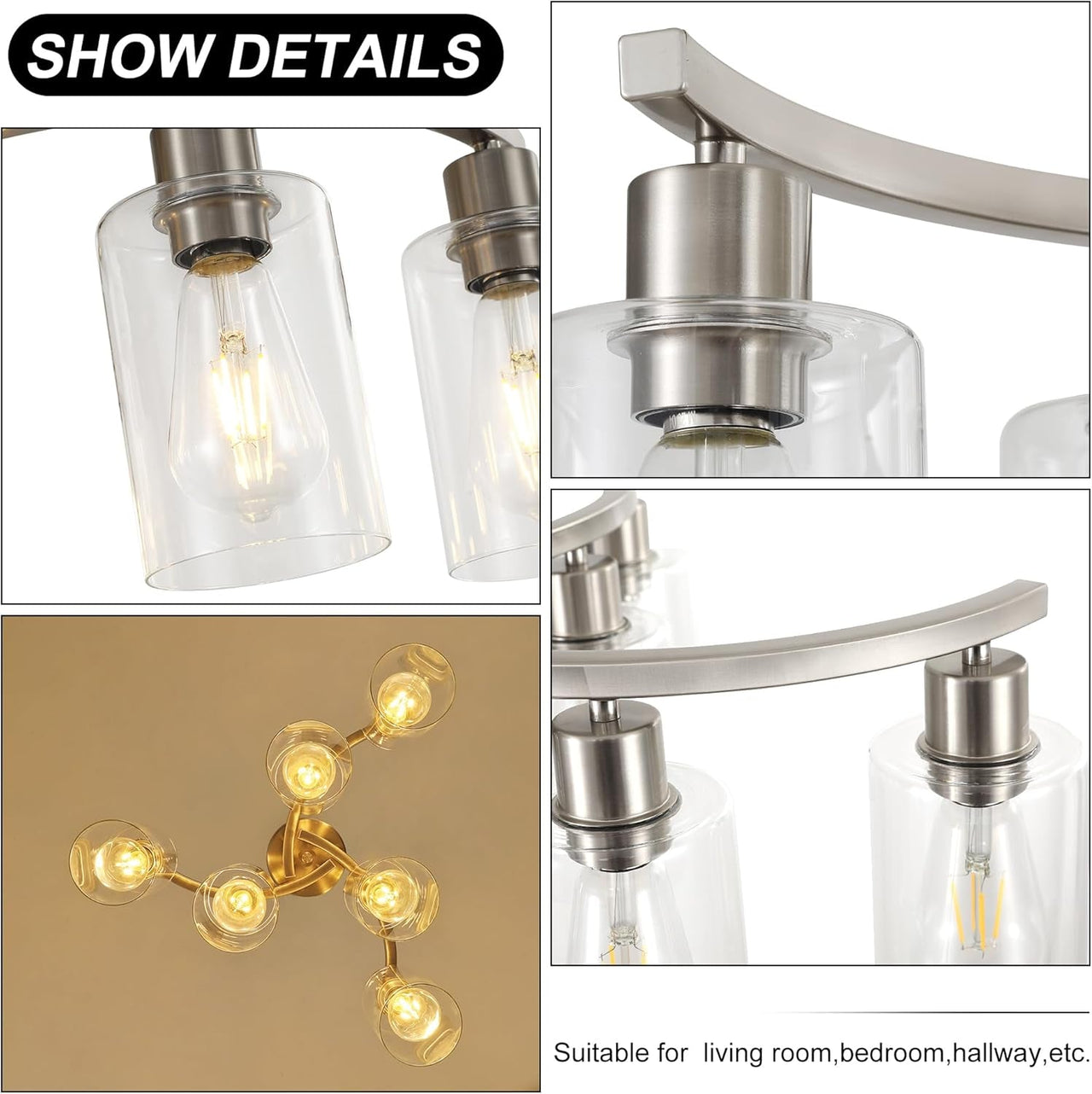 6-Light Brushed Nickel Industrial Glass Chandelier